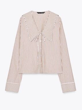 Zara Striped Peter Pan Collar Blouse in Beige & White SZ M